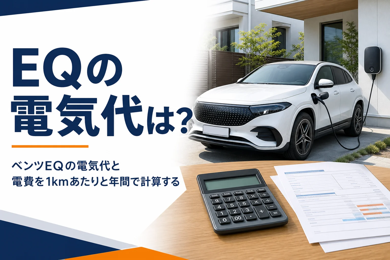 充電中の電気自動車と電卓・電気料金の明細