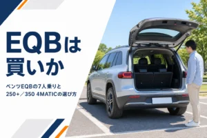 3列シートを起こしてリアゲートを開けたコンパクトな電気自動車のSUV