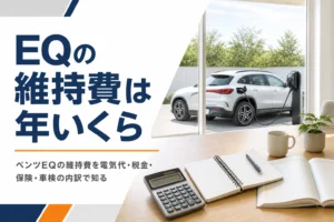 家計簿と電卓の奥に見える充電中の電気自動車