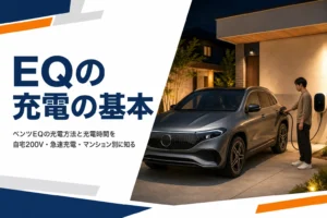 夜の自宅ガレージで壁付けの充電器から充電している電気自動車