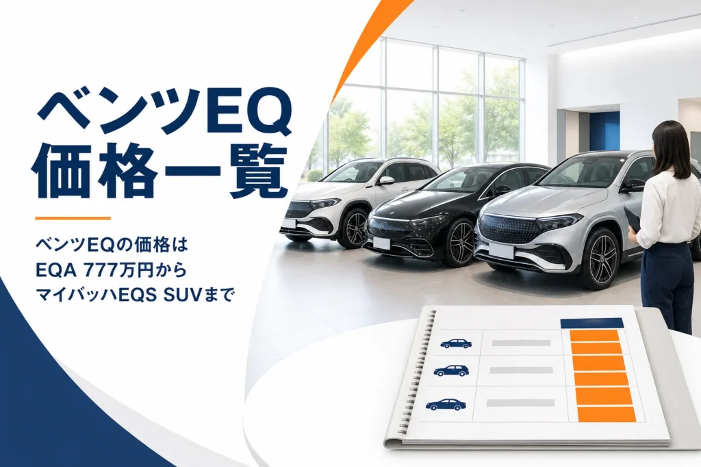ベンツEQの複数モデルが並ぶショールームと価格表