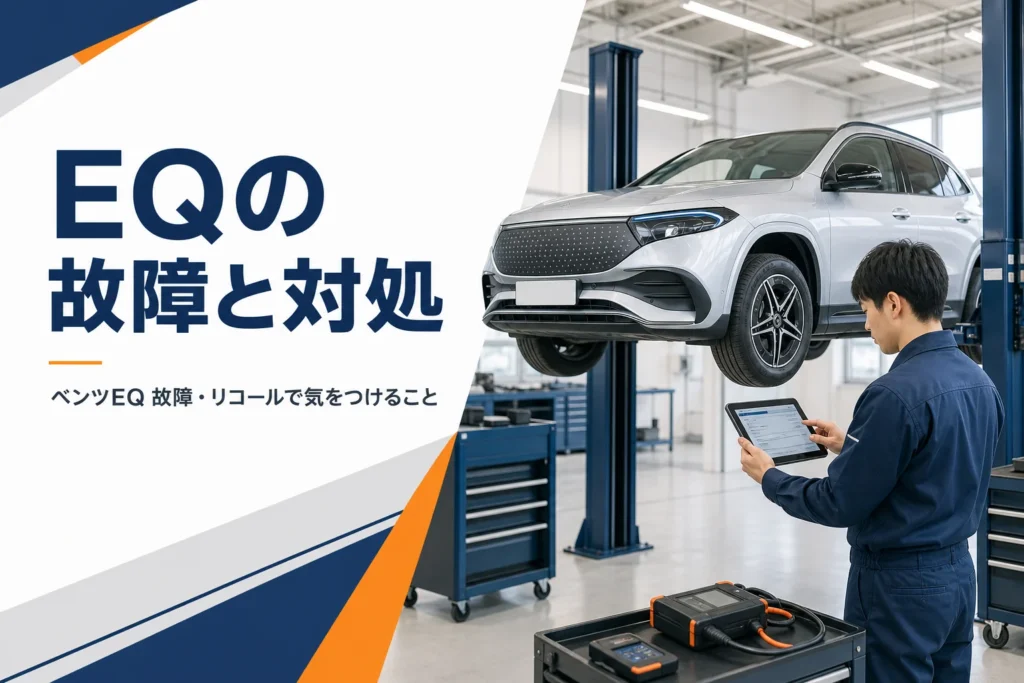 整備工場でタブレットを使って診断を受ける電気自動車のSUV