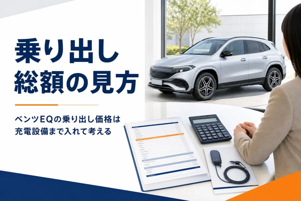 ベンツEQの見積書と充電設備のパンフレットで乗り出し価格を確認する様子