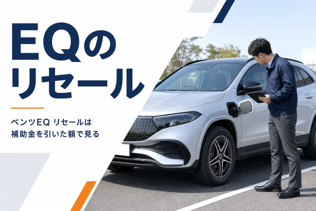 電気自動車のSUVを査定員がタブレットで査定している様子