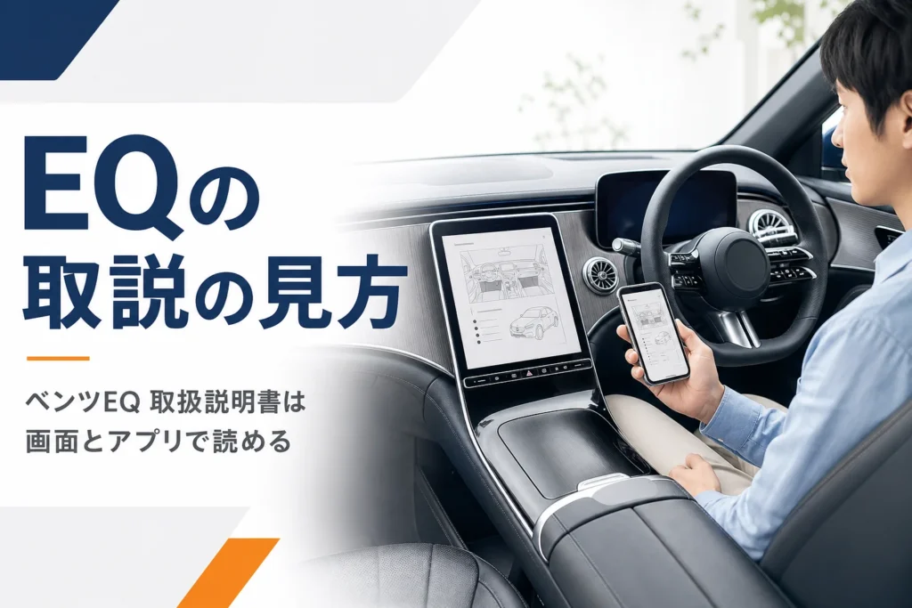 電気自動車の車内画面とスマホで取扱説明書を開いている様子