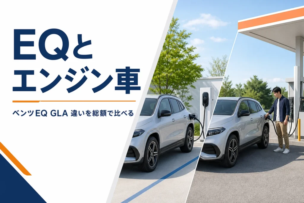 充電中の電気自動車のSUVと給油中のエンジン車のSUVを並べた様子