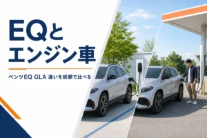 充電中の電気自動車のSUVと給油中のエンジン車のSUVを並べた様子